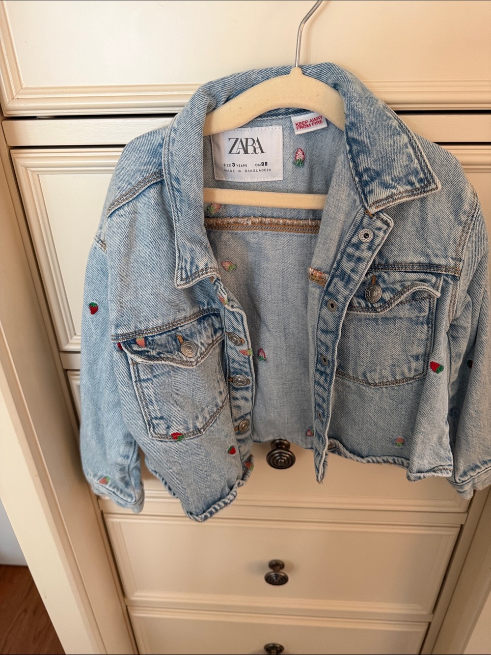 ZARA Light Blue Denim Jacket with Tiny Strawberry Embroidery